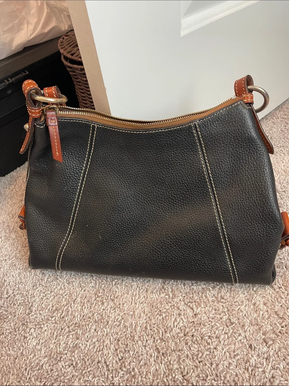 Dooney & Bourke Black Leather Shoulder Bag with Brown Trim